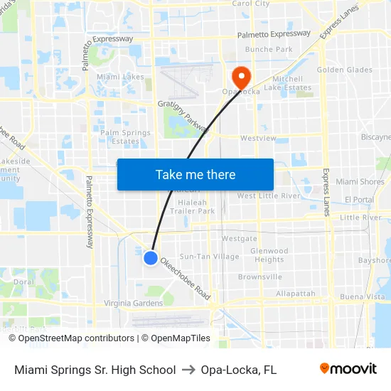 Miami Springs Sr. High School to Opa-Locka, FL map