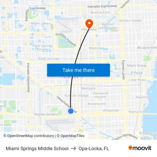 Miami Springs Middle School to Opa-Locka, FL map