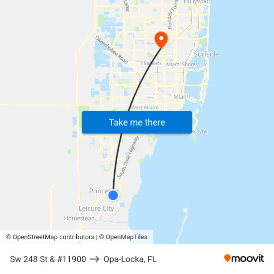 Sw 248 St & #11900 to Opa-Locka, FL map