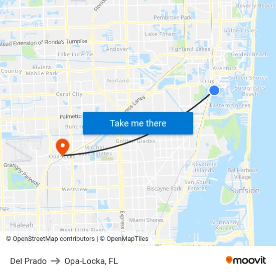 Del Prado to Opa-Locka, FL map
