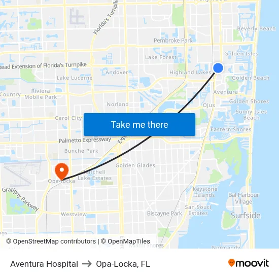 Aventura Hospital to Opa-Locka, FL map