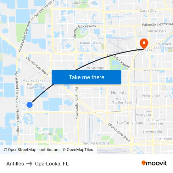 Antilles to Opa-Locka, FL map