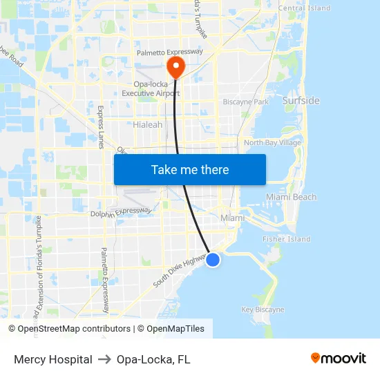 Mercy Hospital to Opa-Locka, FL map