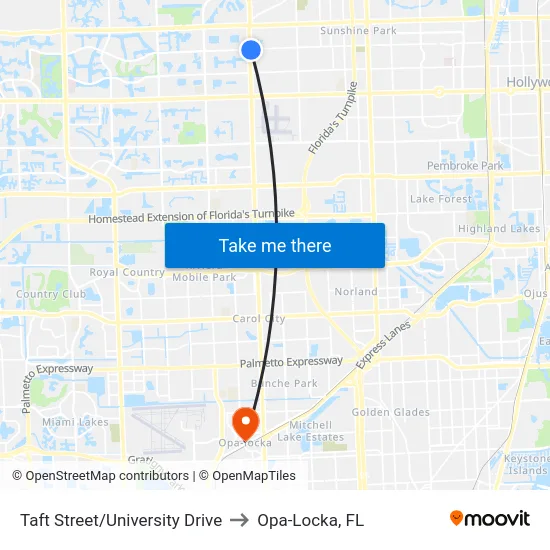 Taft Street/University Drive to Opa-Locka, FL map