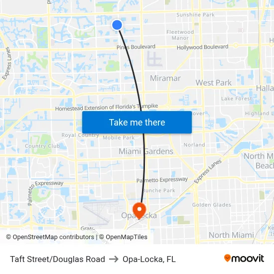 Taft Street/Douglas Road to Opa-Locka, FL map