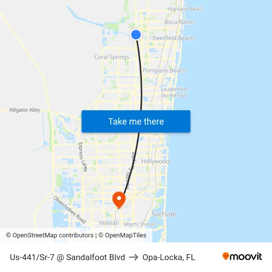 Us-441/Sr-7 @ Sandalfoot Blvd to Opa-Locka, FL map