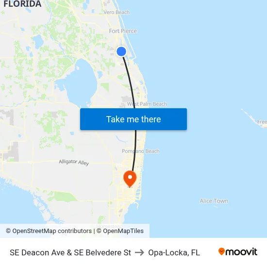 SE Deacon Ave & SE Belvedere St to Opa-Locka, FL map