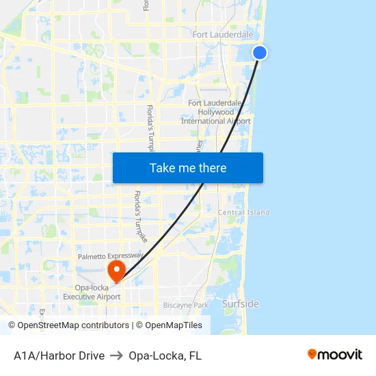 A1A/Harbor Drive to Opa-Locka, FL map