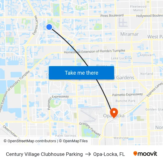 Century Village Clubhouse Parking to Opa-Locka, FL map
