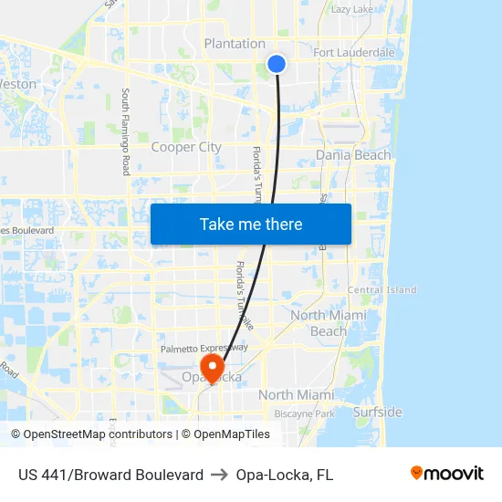 US 441/Broward Boulevard to Opa-Locka, FL map