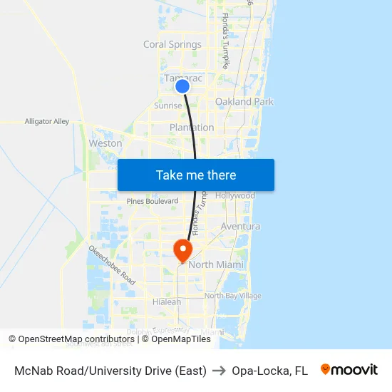 McNab Road/University Drive (East) to Opa-Locka, FL map