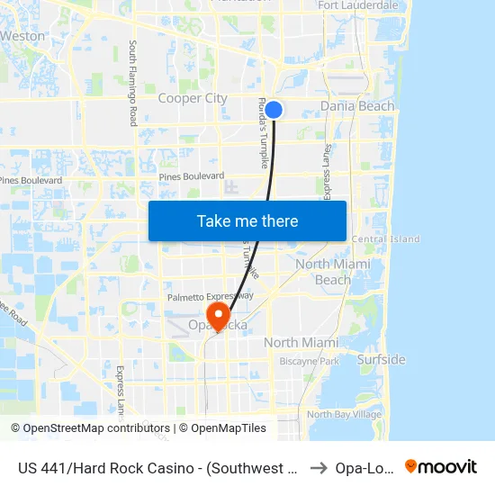 US 441/Hard Rock Casino - (Southwest 54th Street/Lucky Street) to Opa-Locka, FL map