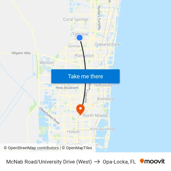 McNab Road/University Drive (West) to Opa-Locka, FL map