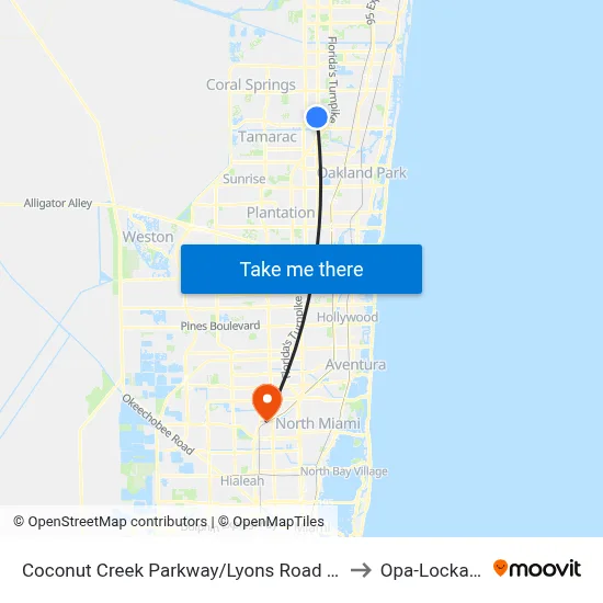 Coconut Creek Parkway/Lyons Road (West) to Opa-Locka, FL map