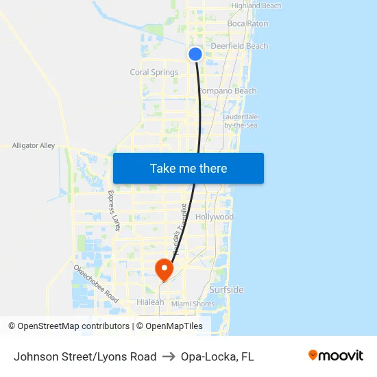 Johnson Street/Lyons Road to Opa-Locka, FL map
