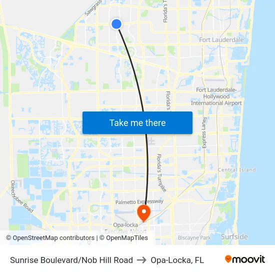 Sunrise Boulevard/Nob Hill Road to Opa-Locka, FL map