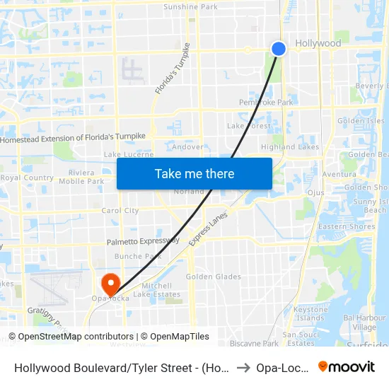 Hollywood Boulevard/Tyler Street - (Hollywood Tri-Rail) to Opa-Locka, FL map