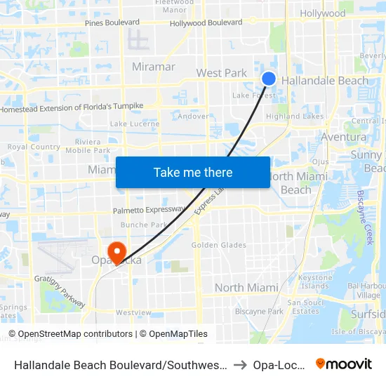 Hallandale Beach Boulevard/Southwest 32nd Avenue to Opa-Locka, FL map