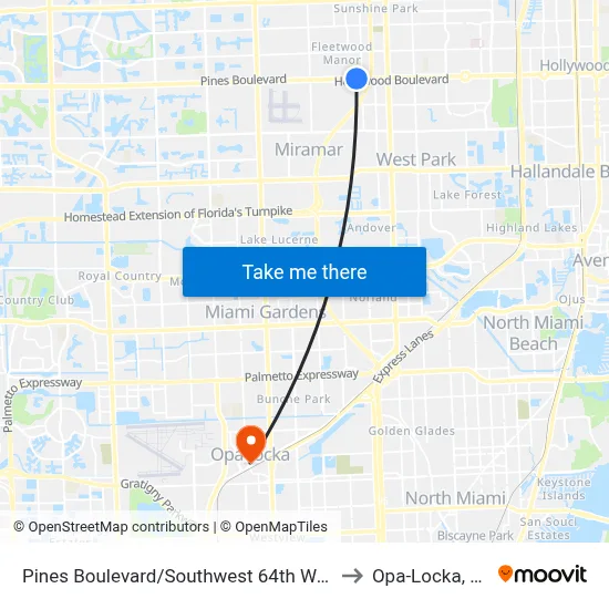 Pines Boulevard/Southwest 64th Way to Opa-Locka, FL map