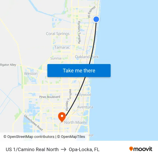 US 1/Camino Real North to Opa-Locka, FL map