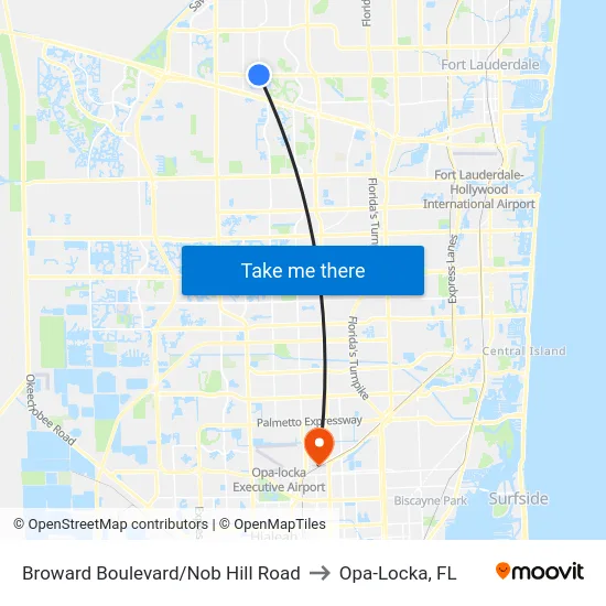 Broward Boulevard/Nob Hill Road to Opa-Locka, FL map