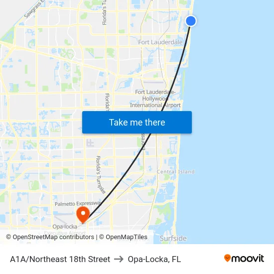 A1A/Northeast 18th Street to Opa-Locka, FL map