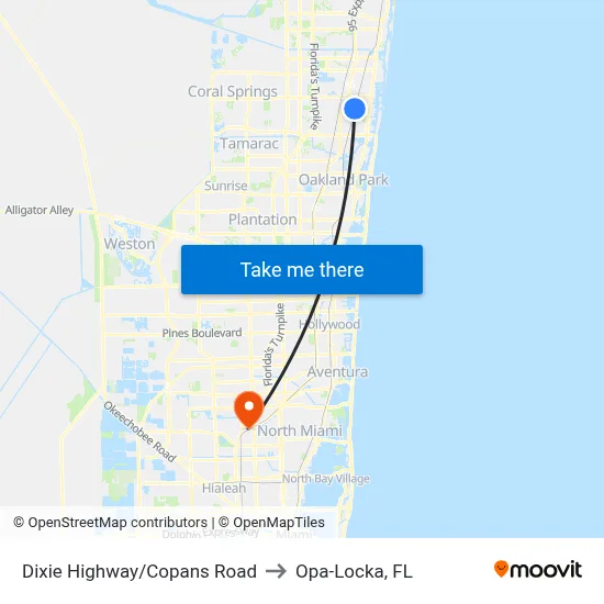 Dixie Highway/Copans Road to Opa-Locka, FL map