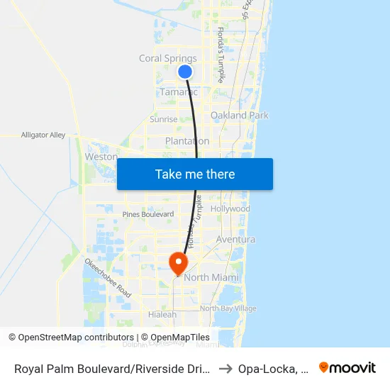 Royal Palm Boulevard/Riverside Drive to Opa-Locka, FL map