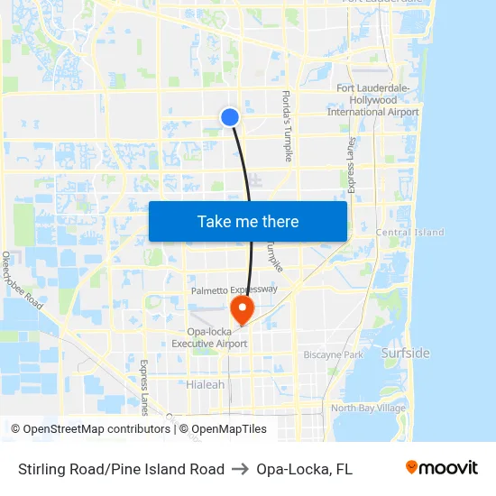 Stirling Road/Pine Island Road to Opa-Locka, FL map