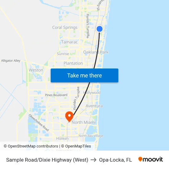 Sample Road/Dixie Highway (West) to Opa-Locka, FL map