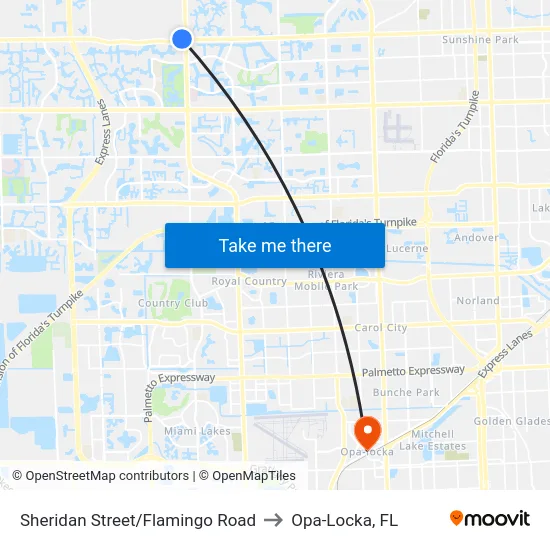 Sheridan Street/Flamingo Road to Opa-Locka, FL map