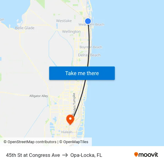 45th St at Congress Ave to Opa-Locka, FL map