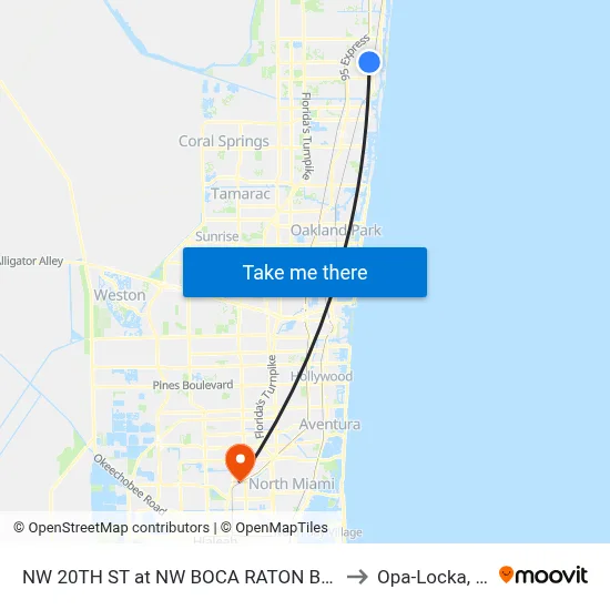 NW 20TH ST at NW  BOCA RATON BLVD to Opa-Locka, FL map