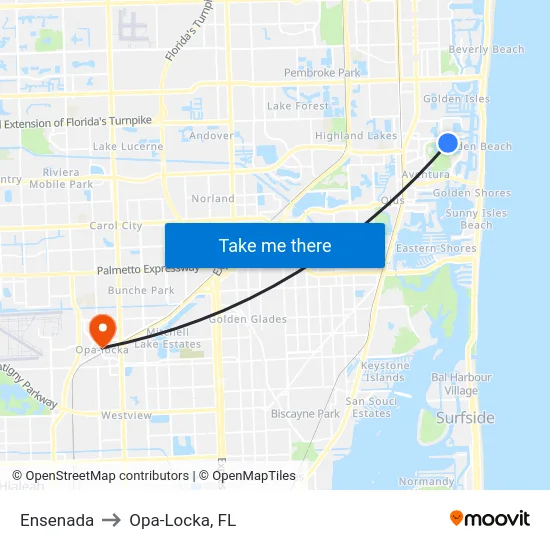 Ensenada to Opa-Locka, FL map