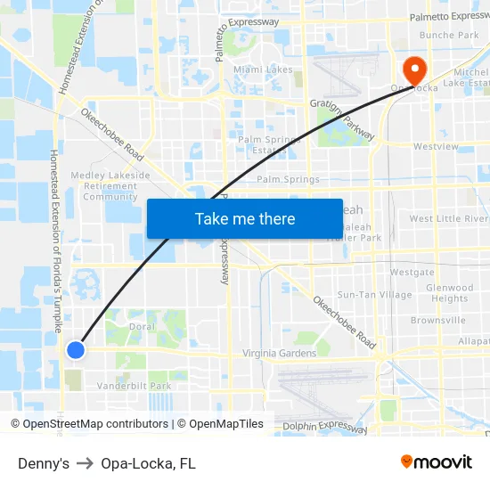 Denny's to Opa-Locka, FL map