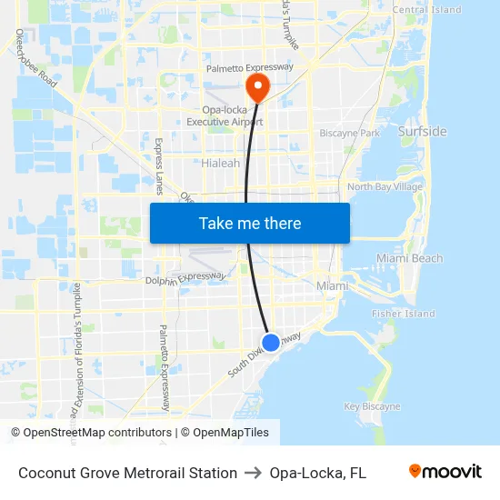 Coconut Grove Metrorail Station to Opa-Locka, FL map