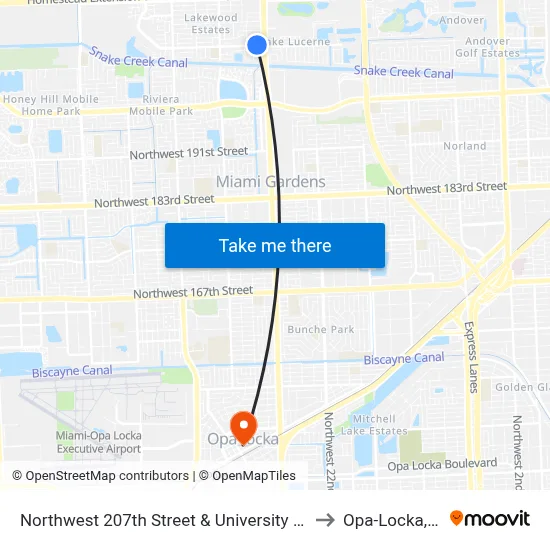 Northwest 207th Street & University Drive to Opa-Locka, FL map