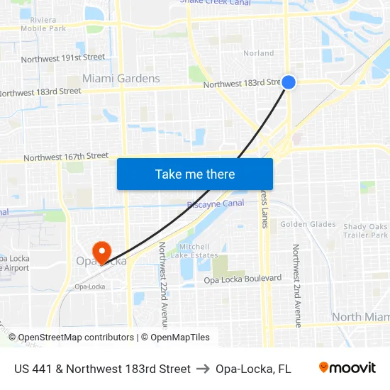 US 441 & Northwest 183rd Street to Opa-Locka, FL map