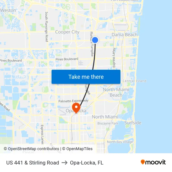 US 441 & Stirling Road to Opa-Locka, FL map
