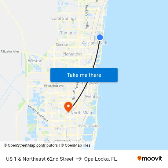 US 1 & Northeast 62nd Street to Opa-Locka, FL map