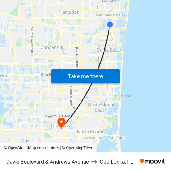 Davie Boulevard & Andrews Avenue to Opa-Locka, FL map