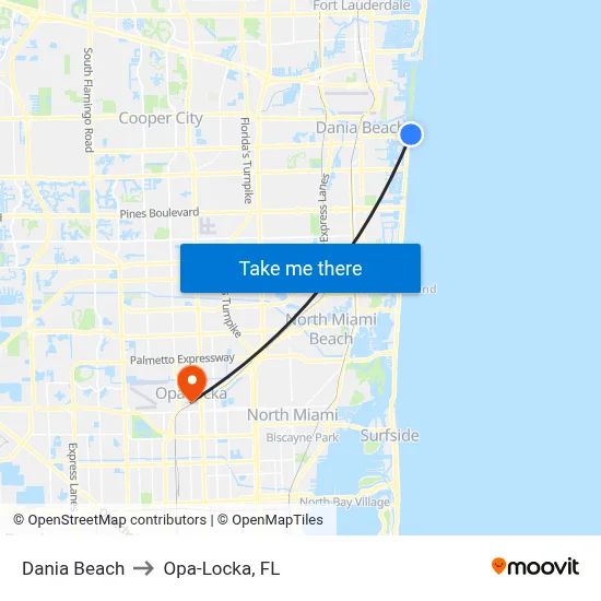 Dania Beach to Opa-Locka, FL map
