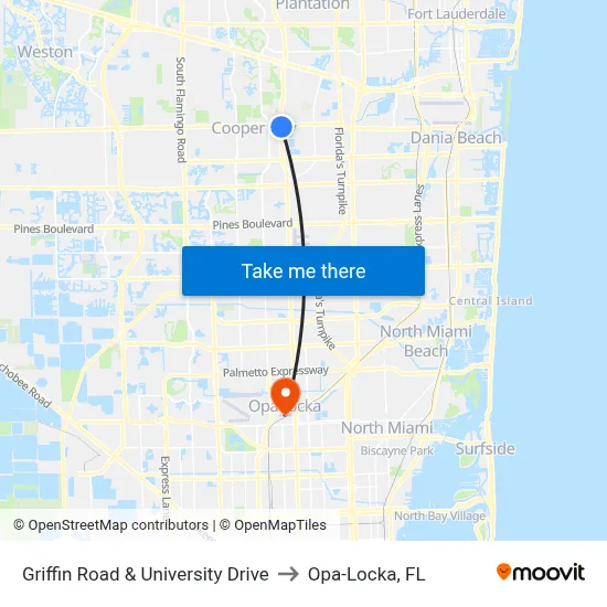 Griffin Road & University Drive to Opa-Locka, FL map