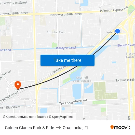 Golden Glades Park & Ride to Opa-Locka, FL map