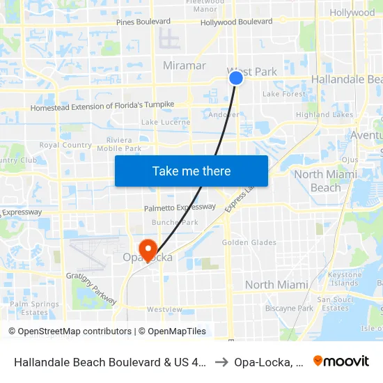 Hallandale Beach Boulevard & US 441 to Opa-Locka, FL map