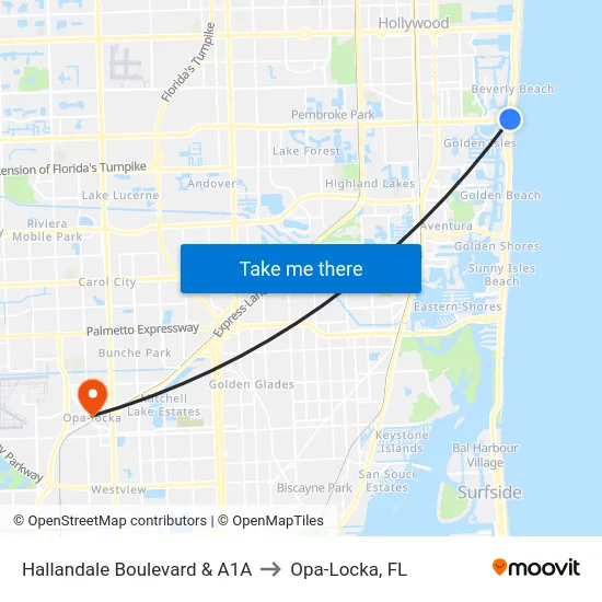 Hallandale Boulevard & A1A to Opa-Locka, FL map