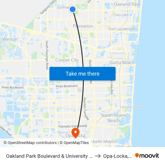 Oakland Park Boulevard & University Drive to Opa-Locka, FL map