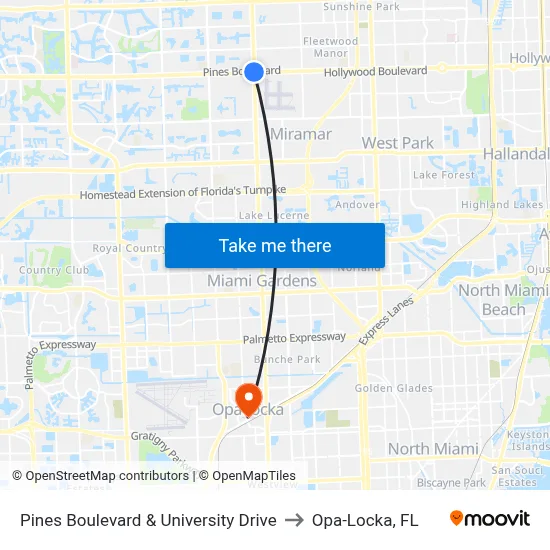 Pines Boulevard & University Drive to Opa-Locka, FL map