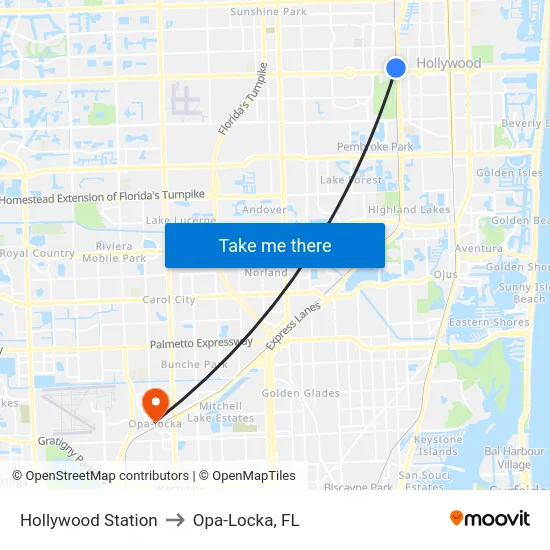 Hollywood Station to Opa-Locka, FL map