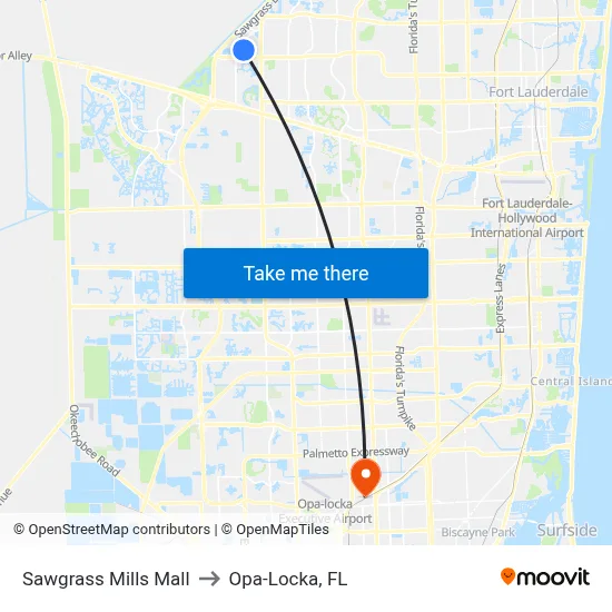 Sawgrass Mills Mall to Opa-Locka, FL map